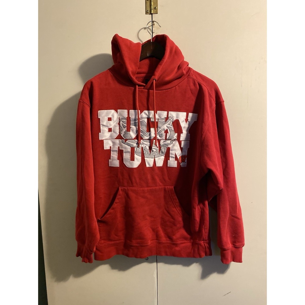 Vintage JanSport Bucky Town Red Hoodie M Spellout Embroidered Graphic Sweatshirt